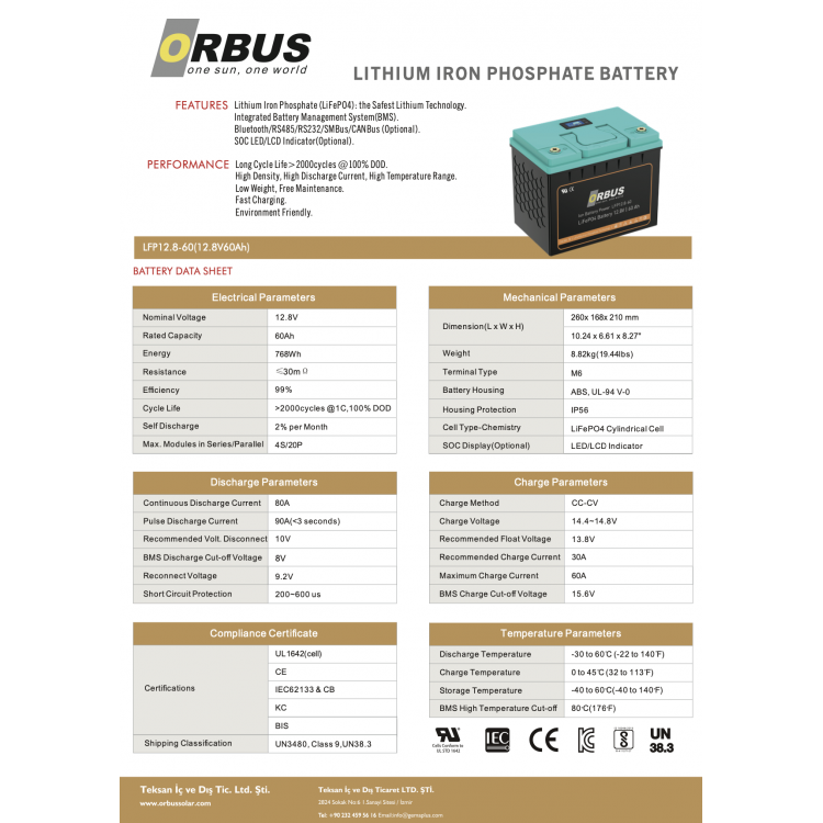 Orbus 12.8 V Volt 60ah Amper Lityum Akü