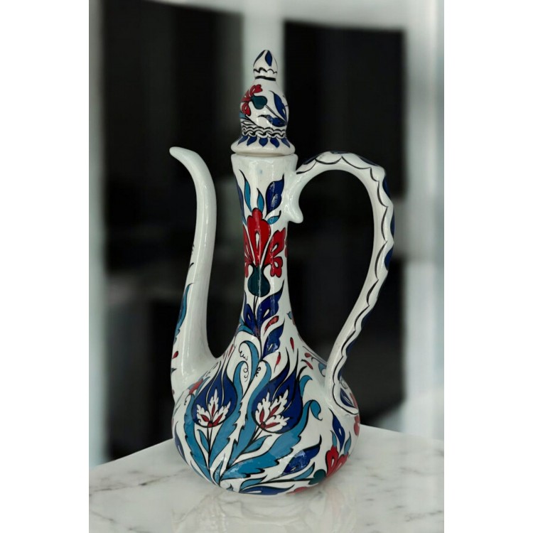 Dekoratif Türk Seramik İbrik Vazo / El Yapımı Seramik Renkli Çini / El Boyama Seramik 32 cm