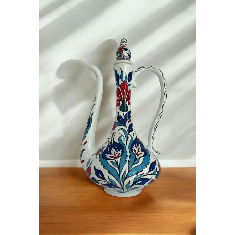 Dekoratif Türk Seramik İbrik Vazo / El Yapımı Seramik Renkli Çini / El Boyama Seramik 32 cm