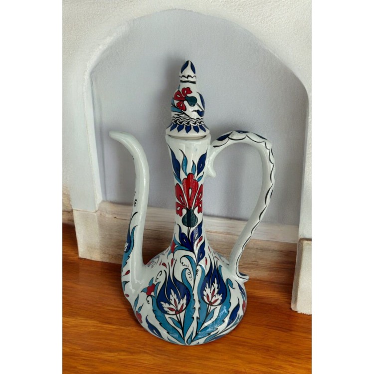 Dekoratif Türk Seramik İbrik Vazo / El Yapımı Seramik Renkli Çini / El Boyama Seramik 32 cm