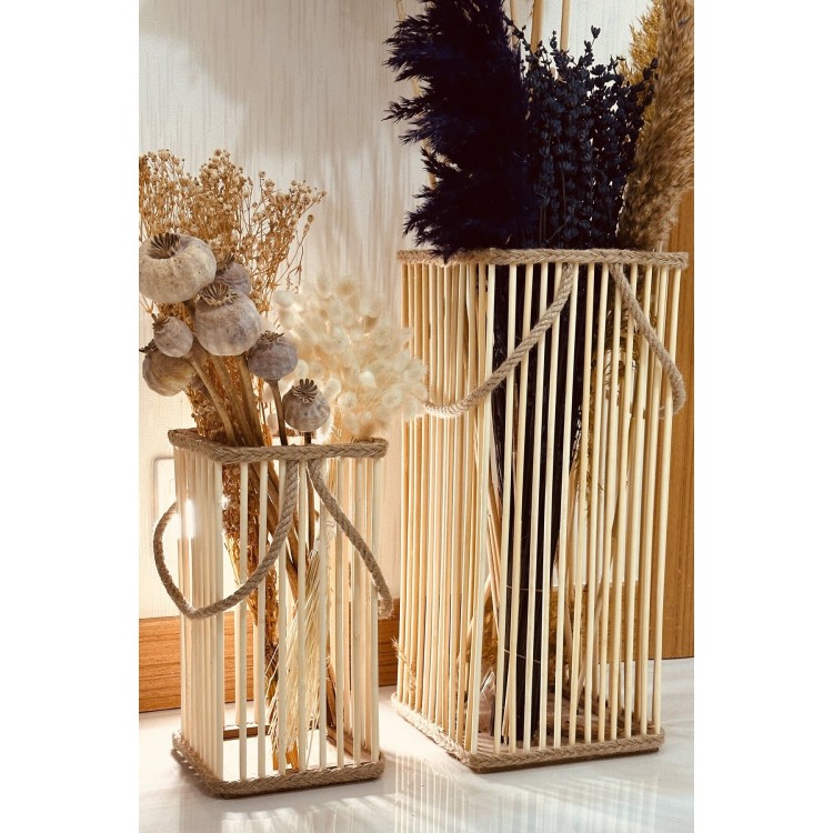 Bambu Vazo 2'li Set / Ahşap Vazo / Çiçeklik / Dekoratif uzun fener mumluk 38-24 cm