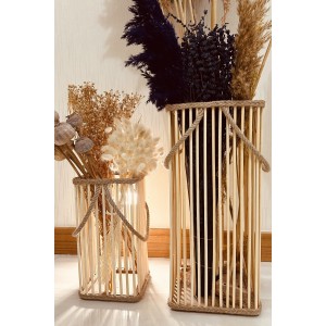 Bambu Vazo 2'li Set / Ahşap Vazo / Çiçeklik / Dekoratif uzun fener mumluk 38-24 cm