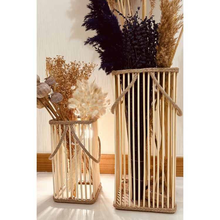 Bambu Vazo 2'li Set / Ahşap Vazo / Çiçeklik / Dekoratif uzun fener mumluk 38-24 cm