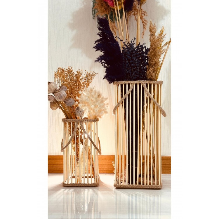 Bambu Vazo 2'li Set / Ahşap Vazo / Çiçeklik / Dekoratif uzun fener mumluk 38-24 cm