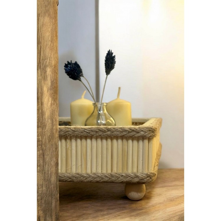 Bambu Ahşap Kare Dekoratif Bohem Tepsi 22x22 Cm