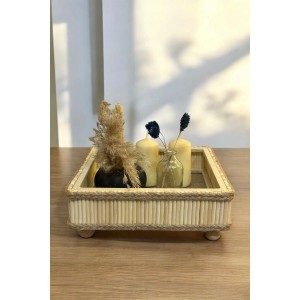 Bambu Ahşap Kare Dekoratif Bohem Tepsi 22x22 Cm