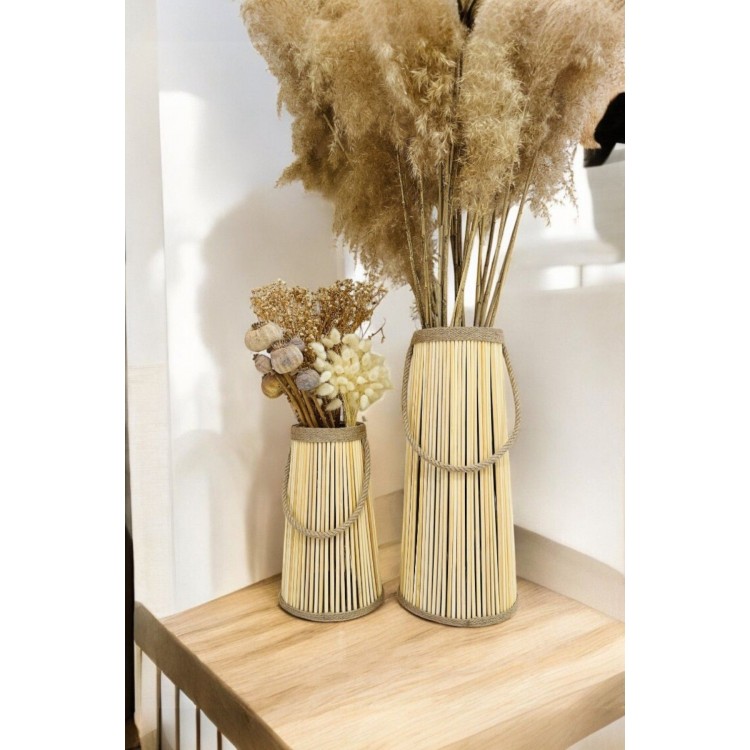Bohem Stil Bambu Ikili Vazo Seti / Ahşap Pampas Vazo (39-25 CM)