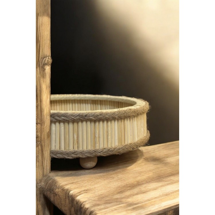 Bambu Ahşap Yuvarlak Dekoratif Bohem Tepsi 22x22 Cm