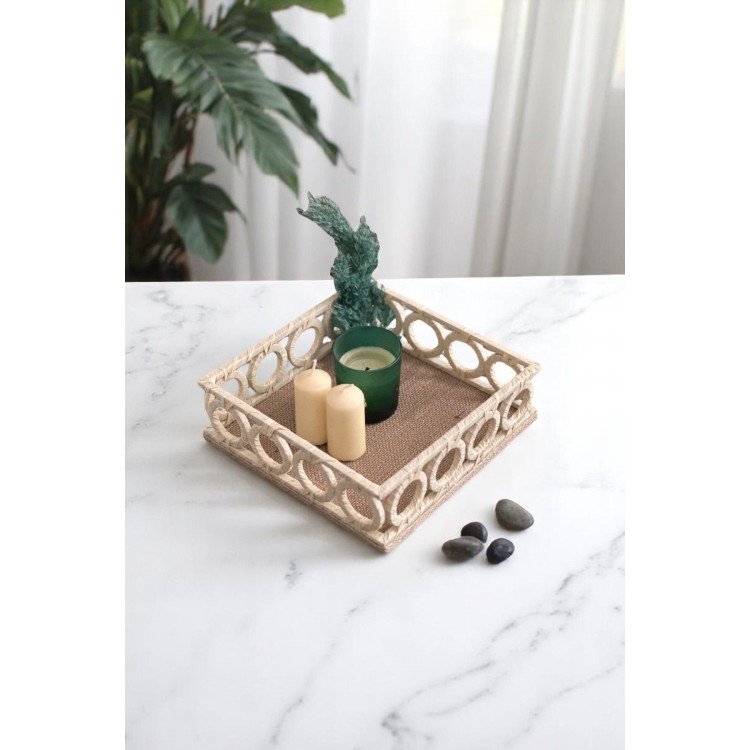 Ahşap el yapımı dekoratif halkalı tepsi 24 cm