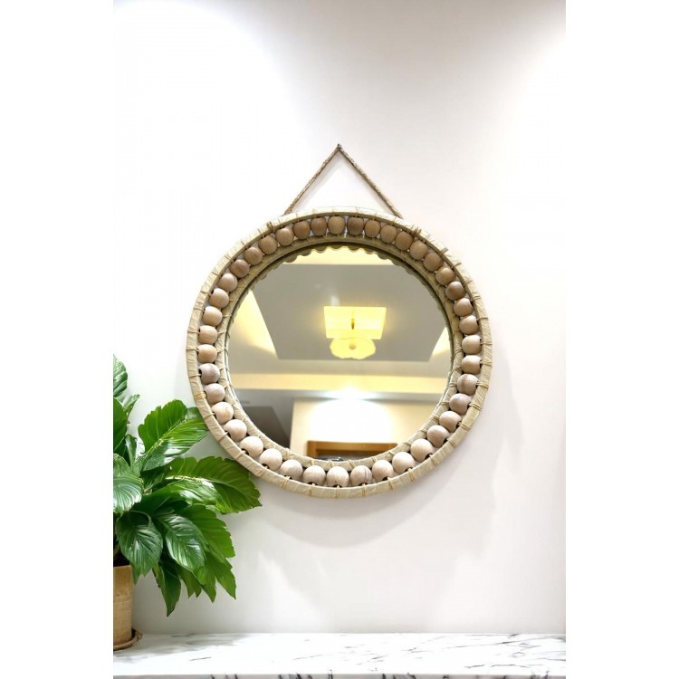 Dekoratif Ayna/ Ahşap El yapımı Bohem Yuvarlak Ayna 30 cm