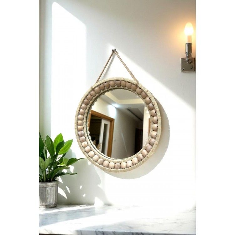 Dekoratif Ayna/ Ahşap El yapımı Bohem Yuvarlak Ayna 30 cm