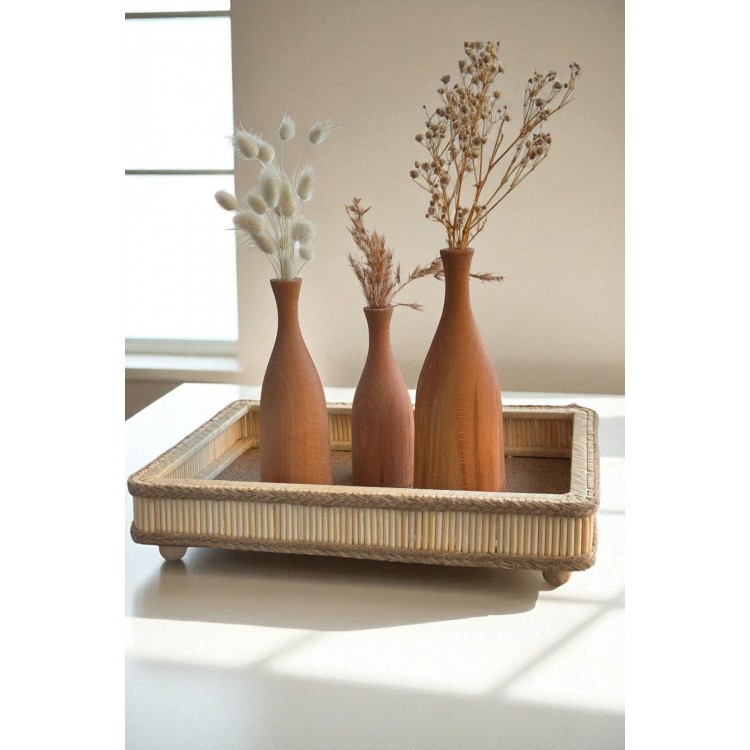 Hasır El Yapımı Bambu Dikdörtgen Dekoratif Tepsi 25x35 Cm