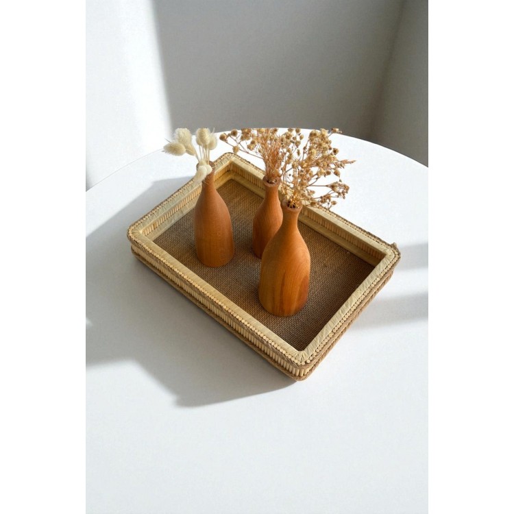 Hasır El Yapımı Bambu Dikdörtgen Dekoratif Tepsi 25x35 Cm