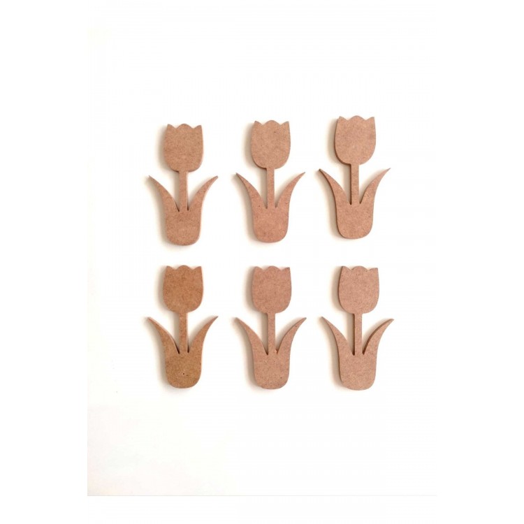 6 Lı Ahşap Mdf Mini Lale / Ham Mdf Boyanabilir Lale