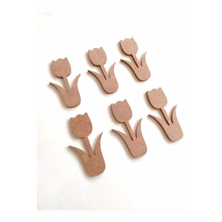 6 Lı Ahşap Mdf Mini Lale / Ham Mdf Boyanabilir Lale