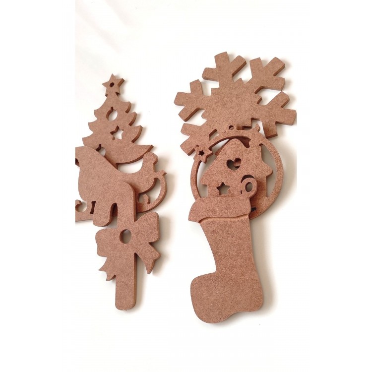6 Parça Yılbaşı Süsleri / Ham Mdf Boyanabilir Yeni Yıl Objeleri 16 cm