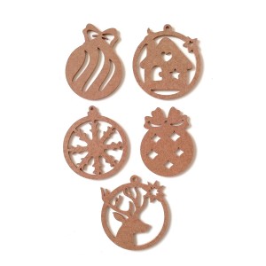 5 Parça Yılbaşı Süsleri / Ham Mdf Boyanabilir Delikli Yeni Yıl Objeleri 16 Cm