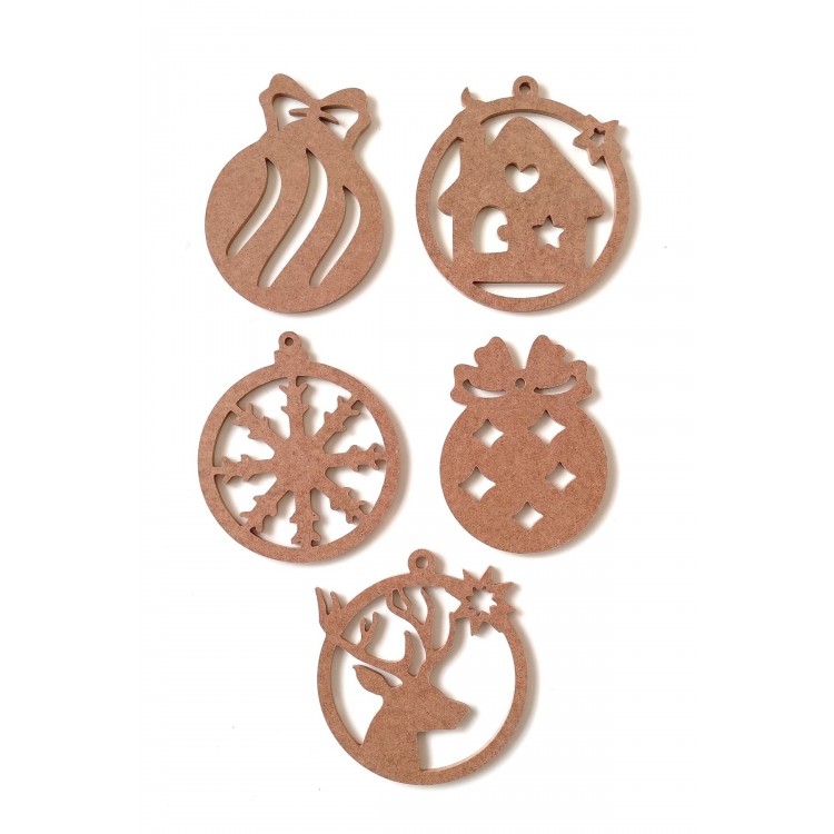 5 Parça Yılbaşı Süsleri / Ham Mdf Boyanabilir Delikli Yeni Yıl Objeleri 16 Cm