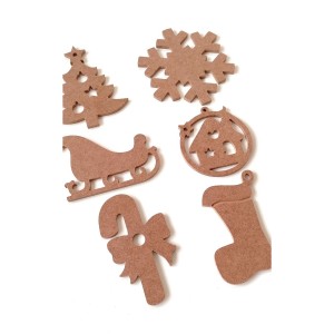 6 Parça Yılbaşı Süsleri / Ham Mdf Boyanabilir Yeni Yıl Objeleri 16 cm