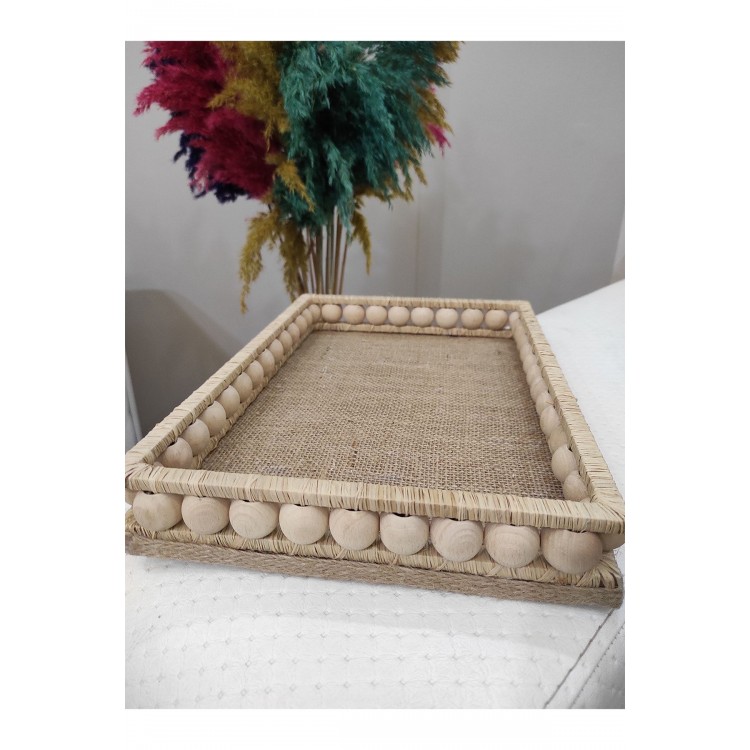 Ahşap Hasır Dekoratif Tepsi 25x35 Cm