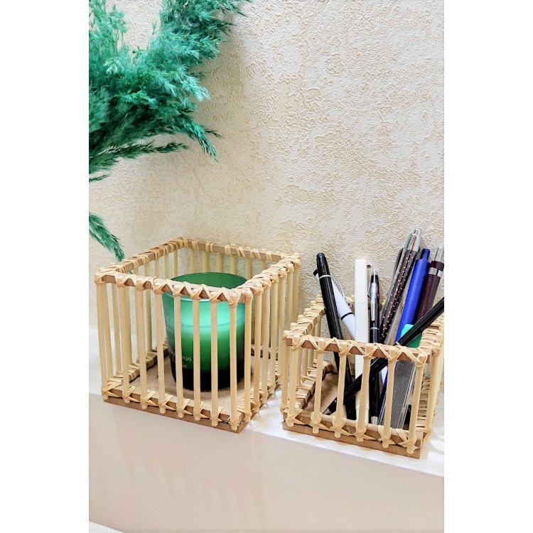 Bambu Çubuk Kare Mini Fener Seti 2'li (11-8 CM)
