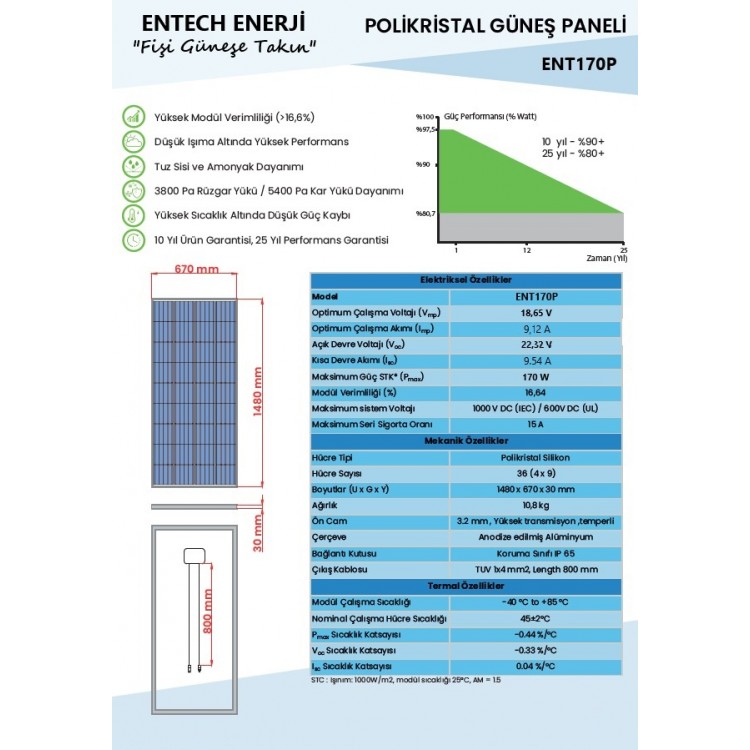 Entech Enerji 170 Watt Polikristal Güneş Paneli