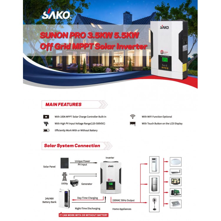 Sako Sunon Pro 5.5 kW 48 Volt (450VDC) 5500 Watt Tam Sinüs Akıllı İnverter
