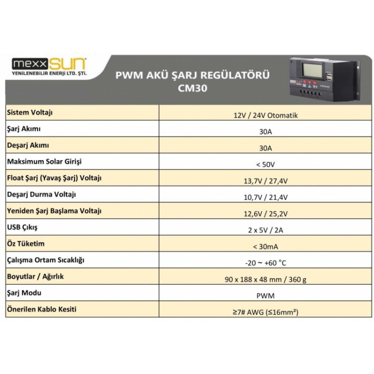 Mexxsun 30 Amper 12/24 Volt  PWM Şarj Kontrol Cihazı