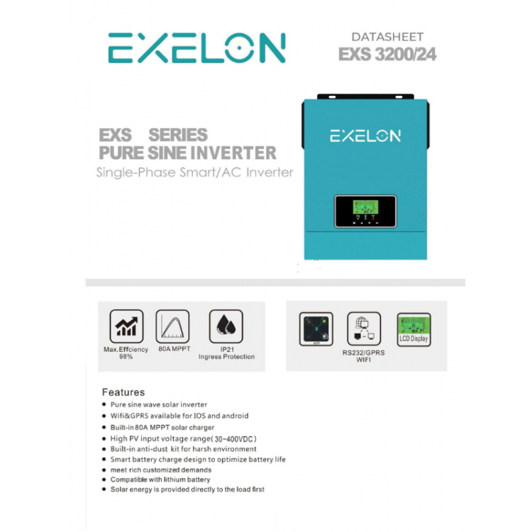 Exelon 24 V Volt 3000 W Watt 3 kW MPPT Tam Sinus Akıllı İnverter 220 Volt Çevirici İnvertör