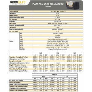 Mexxsun 40 Amper 12/24/48 Volt PWM Şarj Kontrol Cihazı (VT4048)