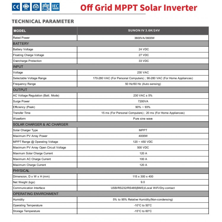 Sako Sunon IV 3.6 kW 24 Volt 3600 Watt Tam Sinüs Akıllı İnverter
