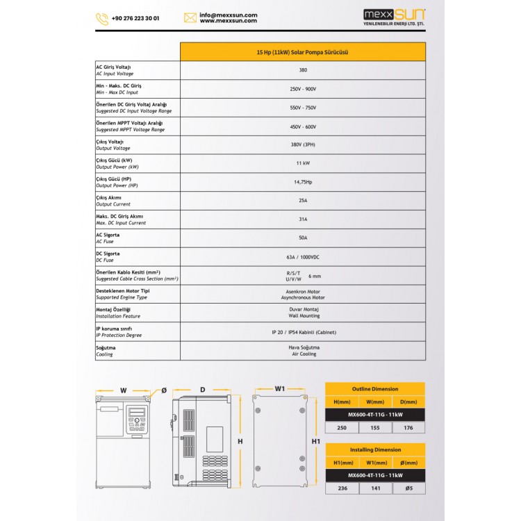 Mexxsun 15 HP 11 kW 11000 W Solar Pompa Sürücü Trifaze MPPT Frekans İnverter 380 V