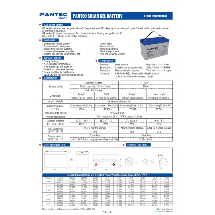 Pantec 12 Volt 100 Amper Derin Döngü Solar Jel Akü
