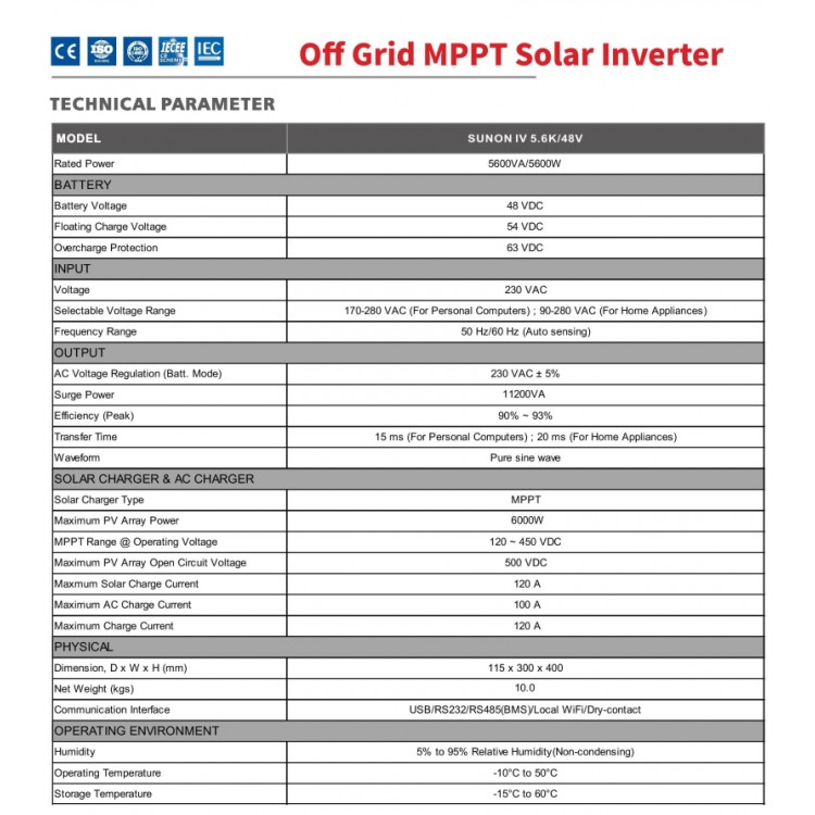 Sako Sunon IV 5.6 kW 48 Volt 5600 Watt Tam Sinüs Akıllı İnverter
