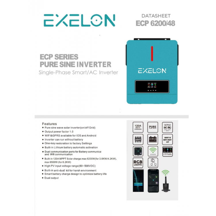 Exelon 48 V Volt 6200 W Watt 6.2 kW MPPT Tam Sinus Akıllı İnverter 220 Volt Çevirici İnvertör