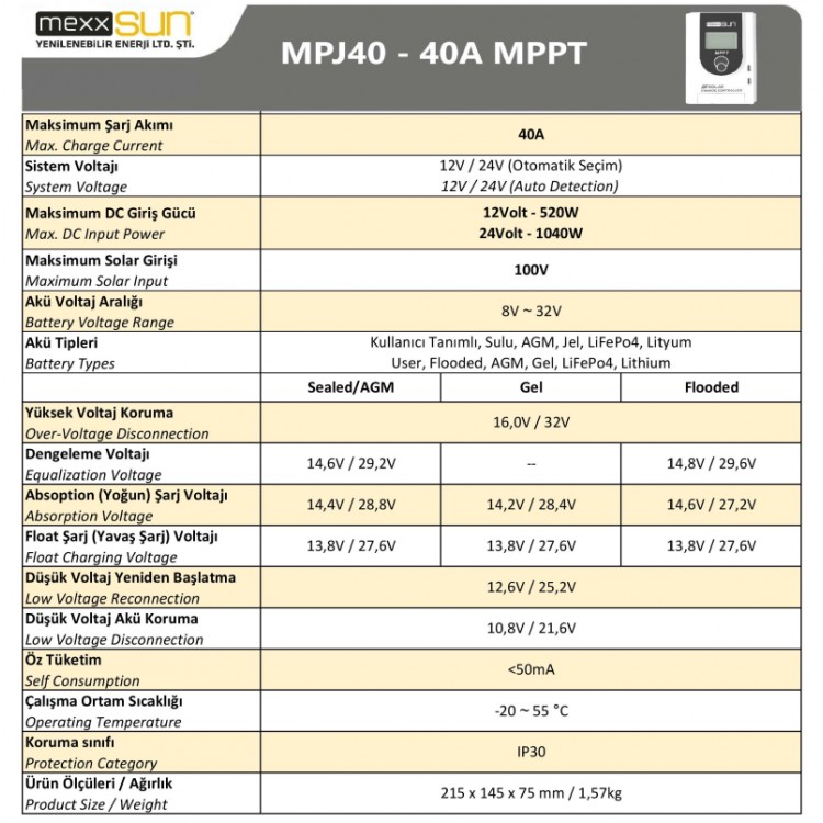 Mexxsun 40 Amper 12/24 Volt  MPPT Şarj Kontrol Cihazı (MPJ40)