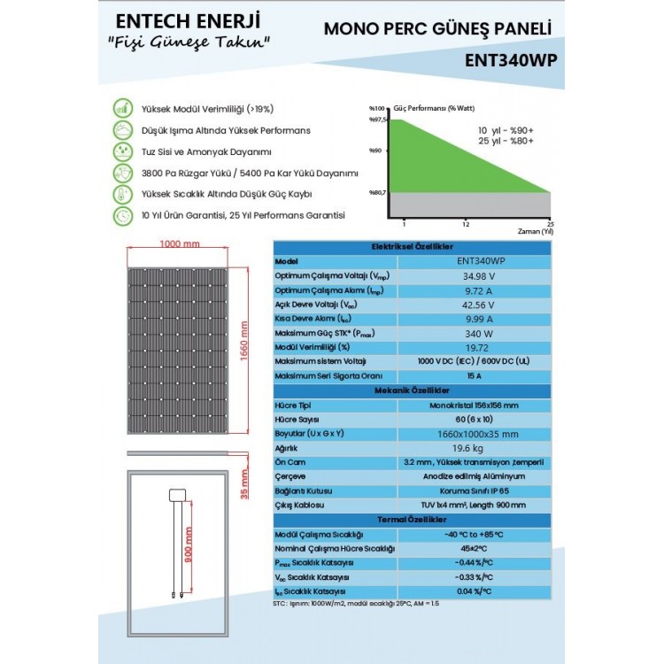 Entech Enerji 340 Watt Percmono Kristal Güneş Paneli