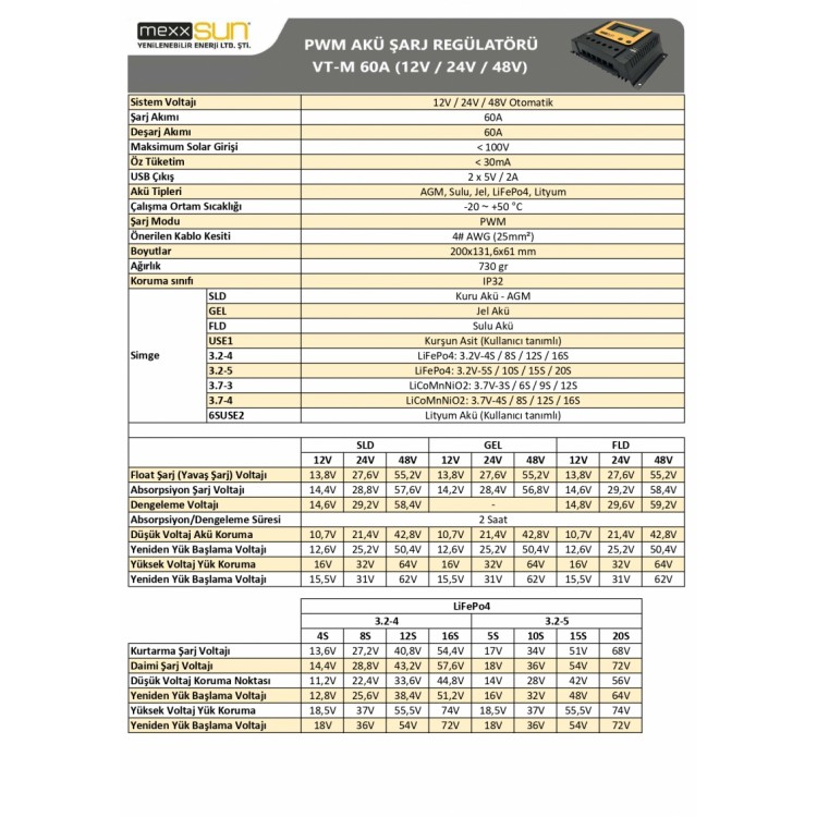 Mexxsun 60 Amper 12/24/48 Volt  PWM Şarj Kontrol Cihazı (VT-M 60A)
