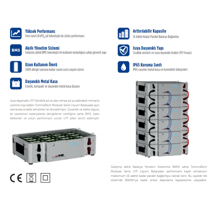 Tommatech 24 V Volt 200 A Amper Lityum Akü Lifepo4 Batarya 25.6 V Modüler Serisi
