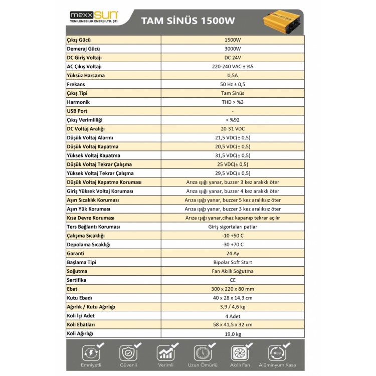 Mexxsun 24 Volt 1500 Watt Tam Sinüs İnverter