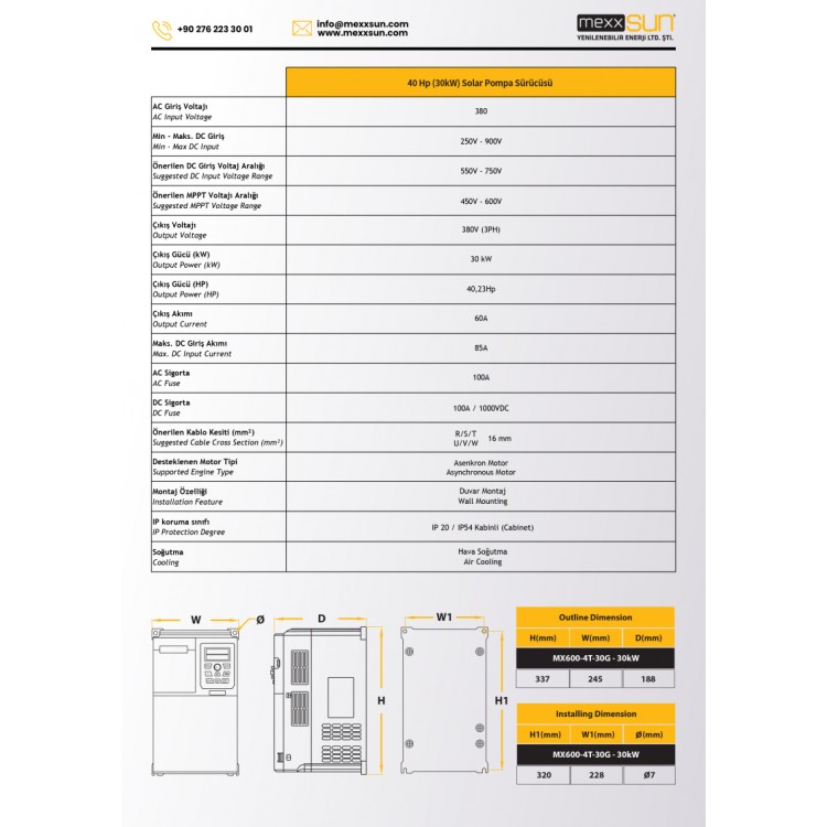 Mexxsun 40 HP 30 kW 30000 W Solar Pompa Sürücü Trifaze MPPT Frekans İnverter 380 V
