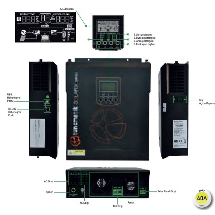 Tunçmatik Solarix 3 kW 40 A MPPT 3000 Watt Tam Sinüs Akıllı İnverter
