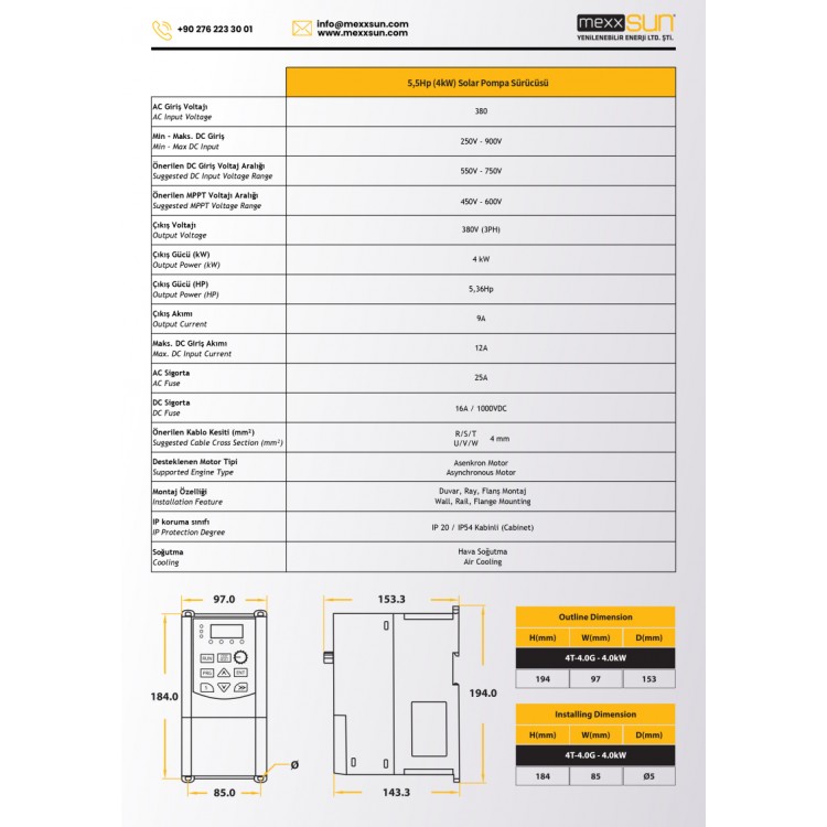 Mexxsun 5.5 HP 4 kW 4000 W Solar Pompa Sürücü Trifaze MPPT Frekans İnverter 380 V