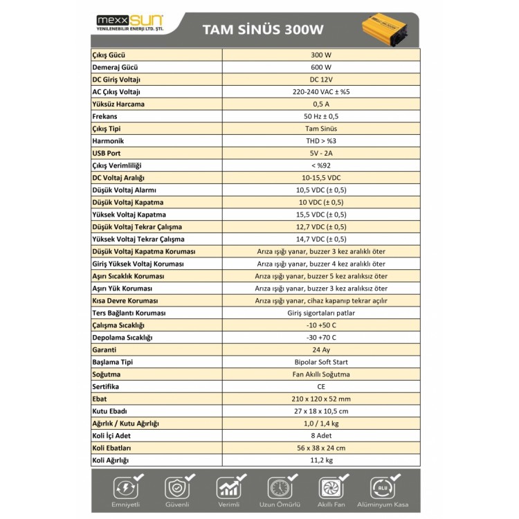 Mexxsun 12 Volt 300 Watt Tam Sinüs İnverter