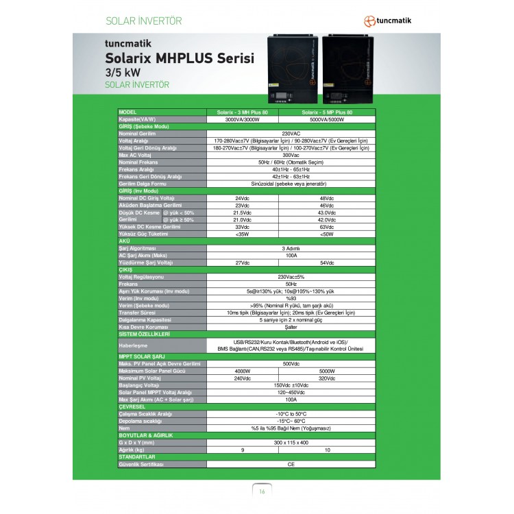 Tunçmatik Solarix 5 kW 80 A HMPPT 5000 Watt Tam Sinüs Akıllı İnverter