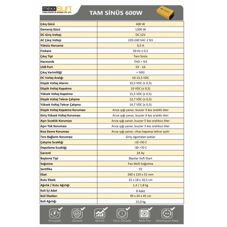 Mexxsun 12 Volt 600 Watt Tam Sinüs İnverter
