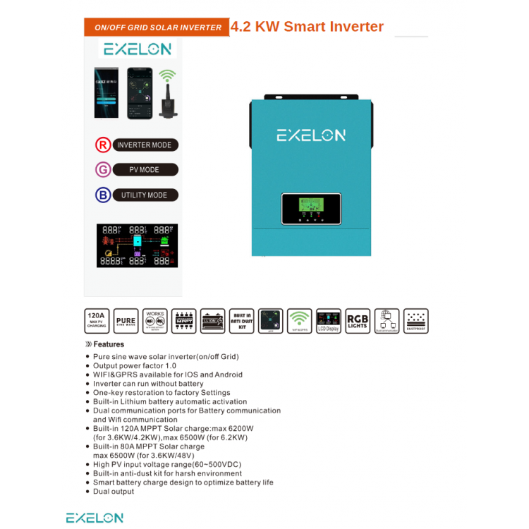 Exelon 24 V Volt 4200 W Watt 4.2 kW MPPT Tam Sınus Akıllı İnverter 220 Volt Çevirici İnvertör