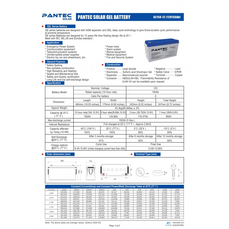 Pantec 12 Volt 150 Amper Derin Döngü Solar Jel Akü
