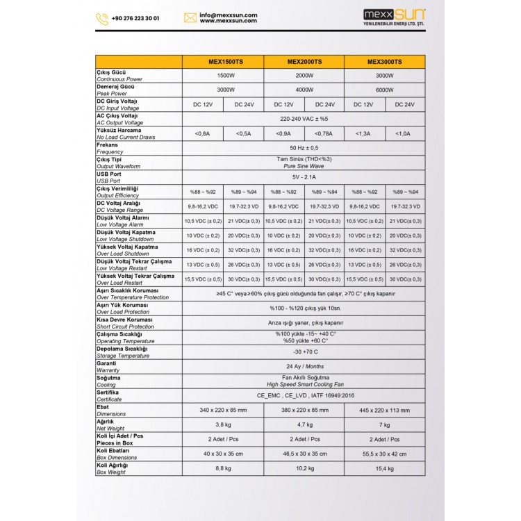 Mexxsun 12 V Volt 2000 W Watt 2 kW Tam Saf Sinüs İnverter İnvertör 220 Çevirici