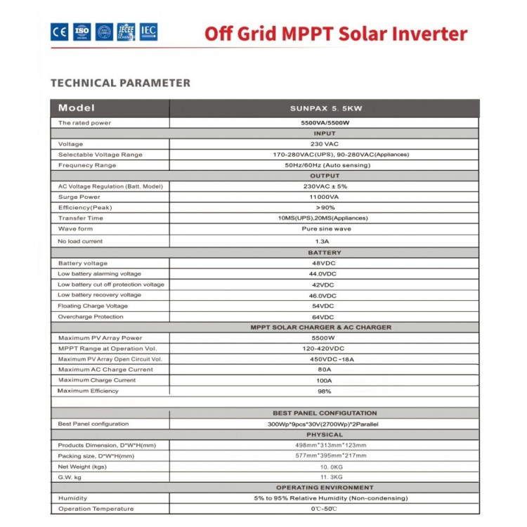 Sako Sunpax 5.5 kW 48 Volt 5500 Watt Tam Sinüs Akıllı İnverter
